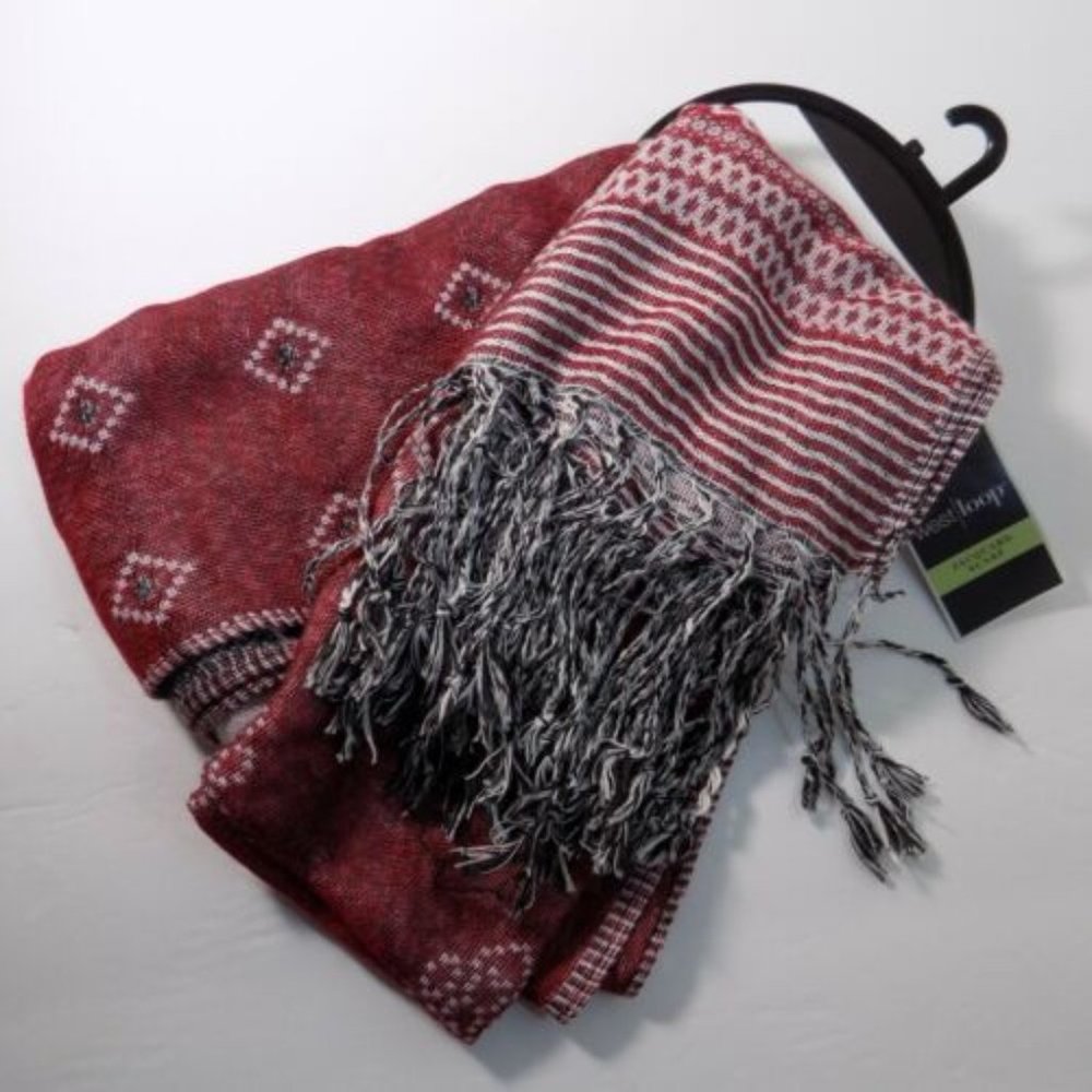Women's Scarf, West Loop, Lightweight Red White Southwest Jacquard w/Fringe NWT